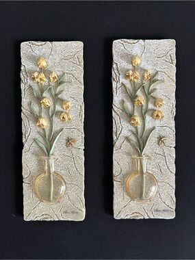 Vintage Cheri Blum Flowers In Vase 3D Wall Art Plaques Set Of 2 Resin Floral